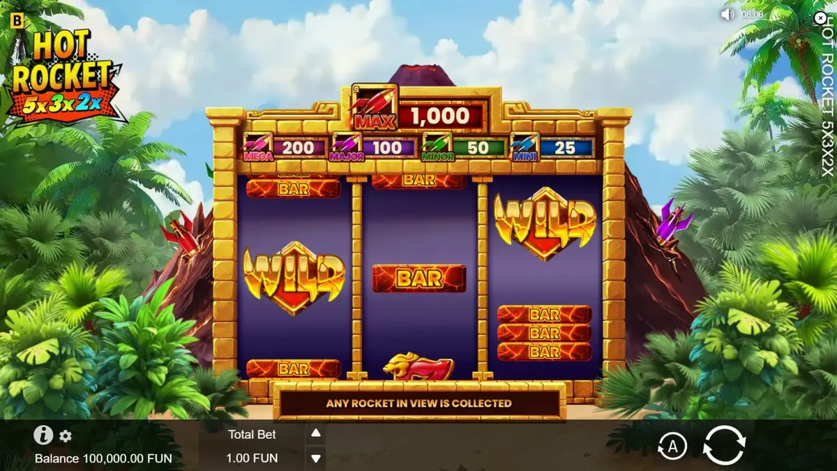 Isang visual na representasyon ng Hot Rocket 5x 3x 2x slot na may temang bulkan at mga retro reels.