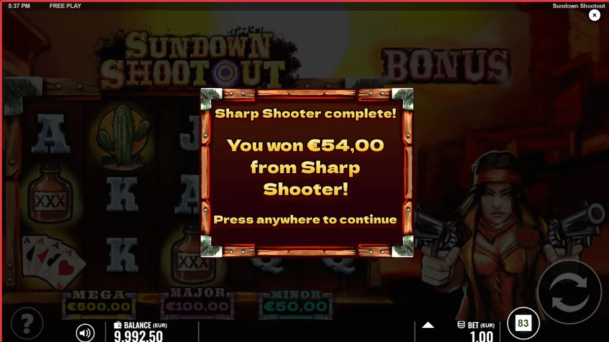 Ang visual na disenyo ng Sundown Shootout slot na nagpapakita ng Wild West theme.
