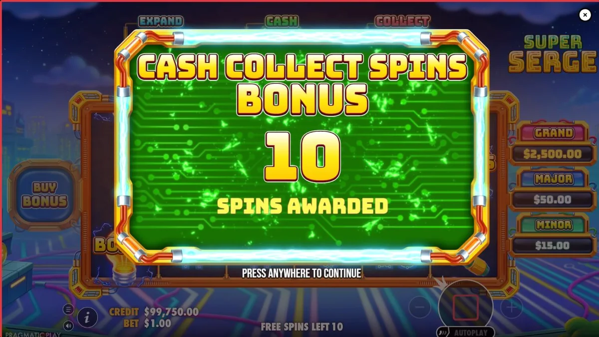 Super Serge slot game interface na may neon at futuristic na disenyo